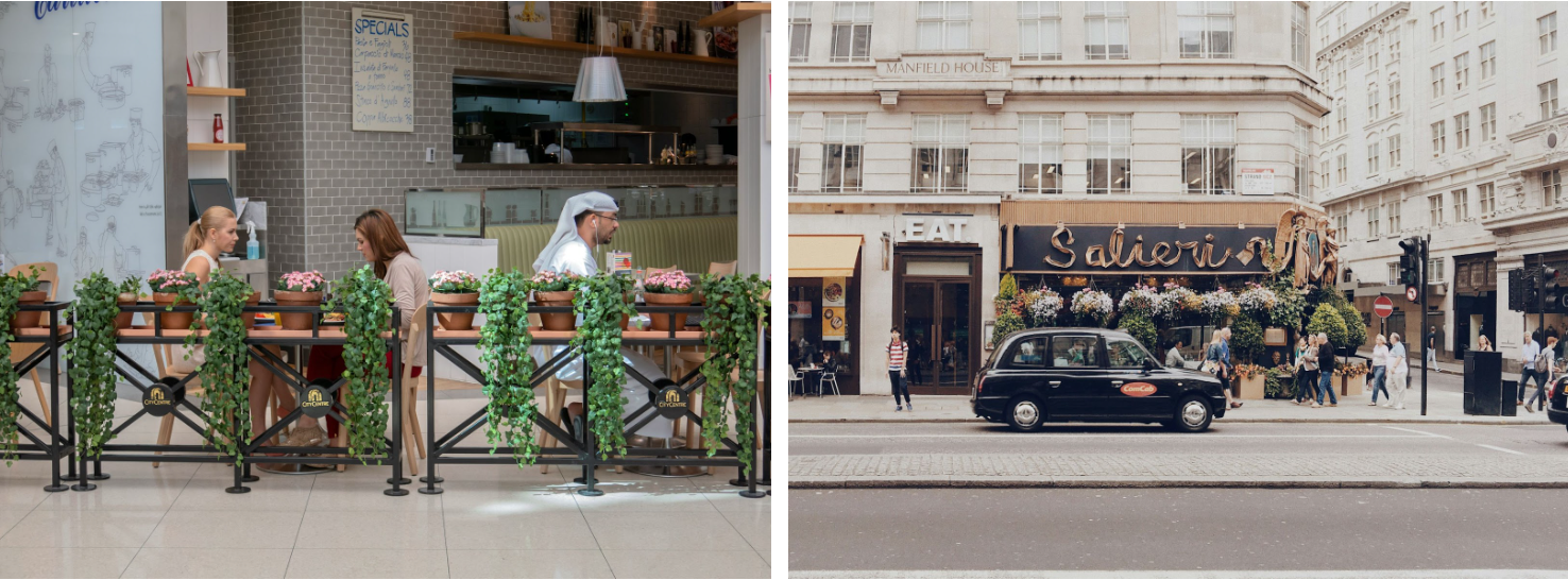 A restaurant in Dubai and a restaurant and a taxi on a city street in London