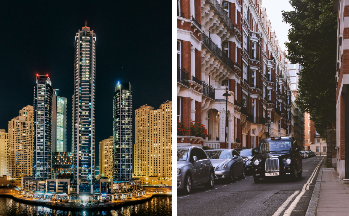 A Dubai skyline at night and a London residential street with cars parked 