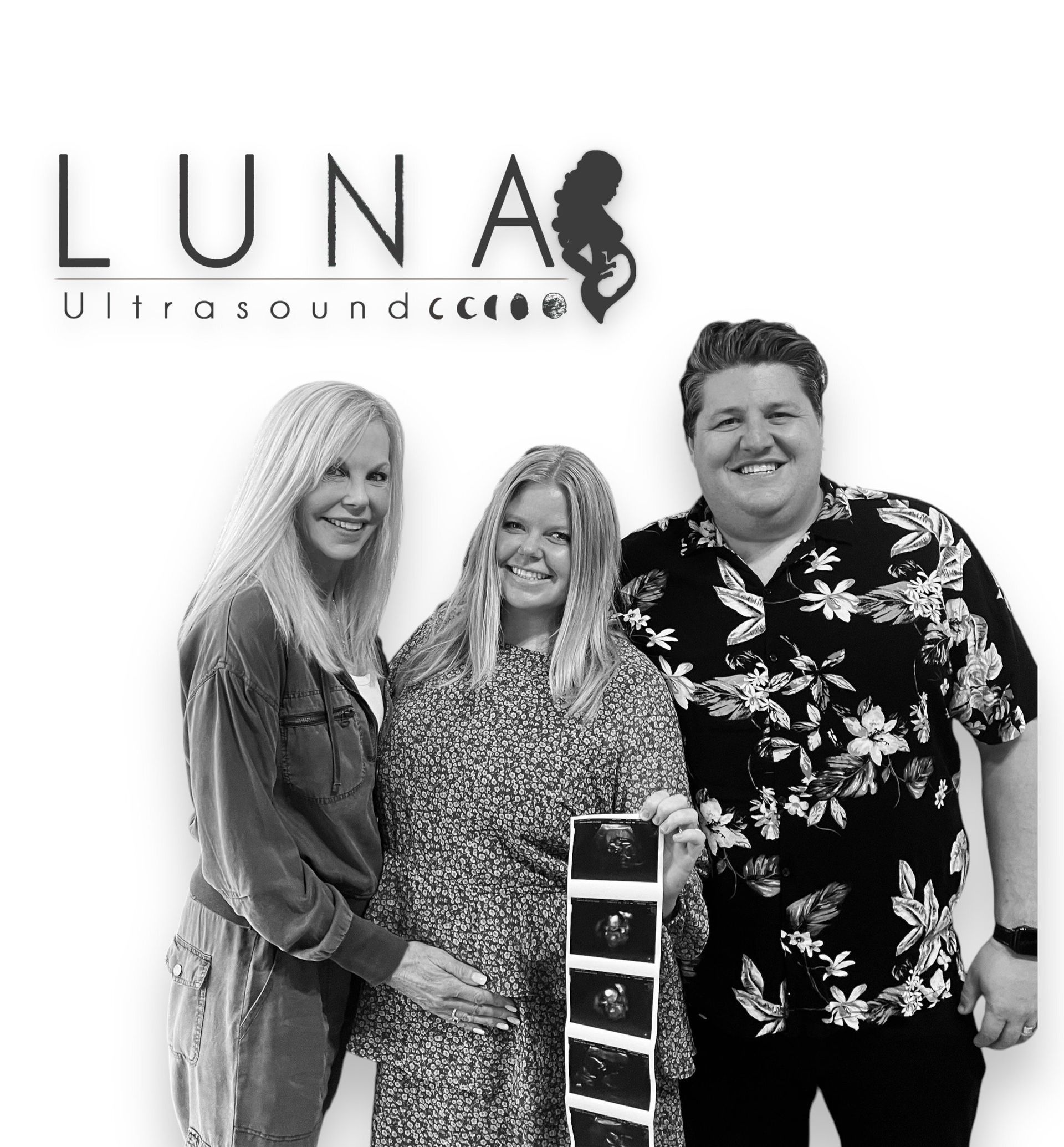 A black and white photo of three people with the words luna ultrasound behind them