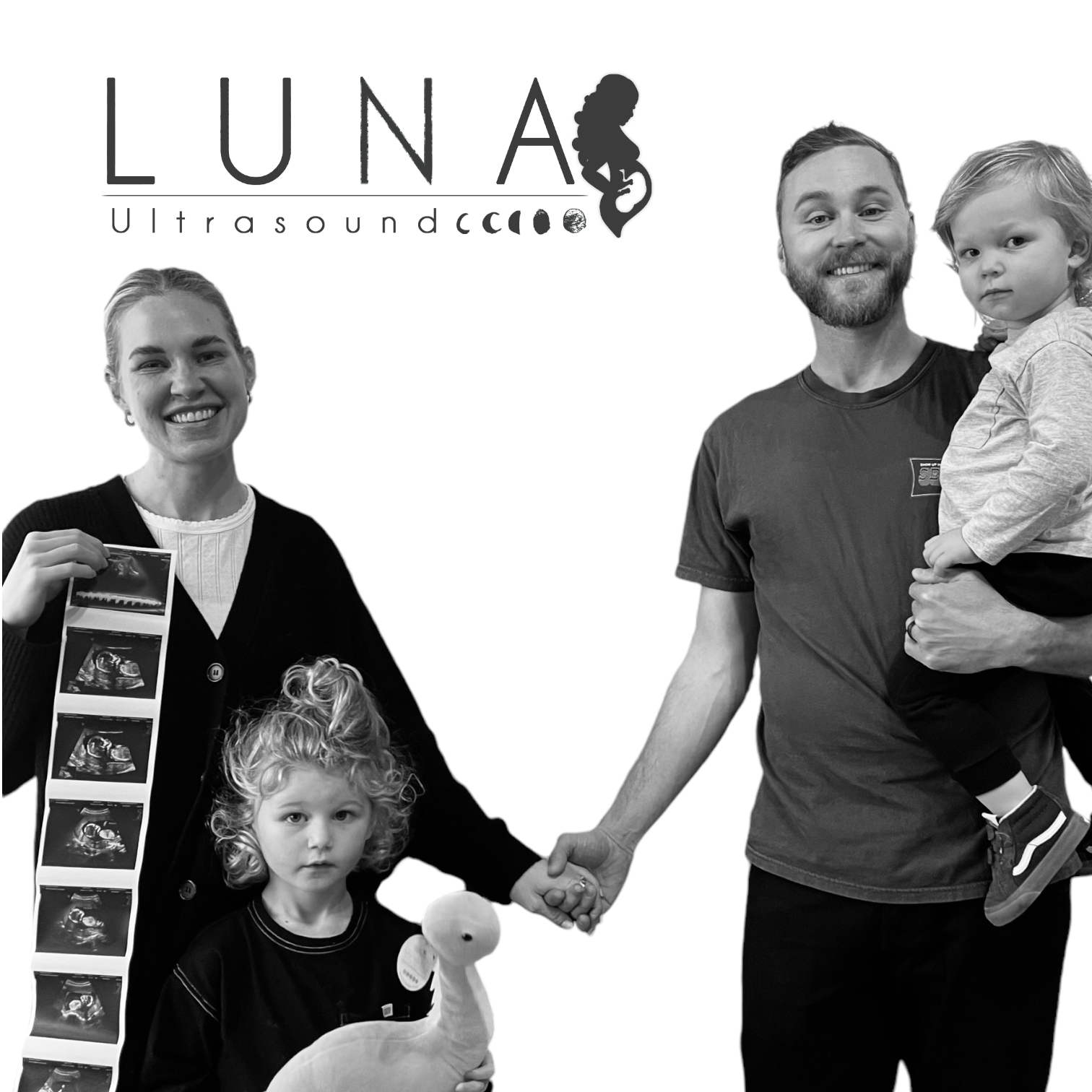 A black and white photo of a family with luna ultrasound written on the bottom