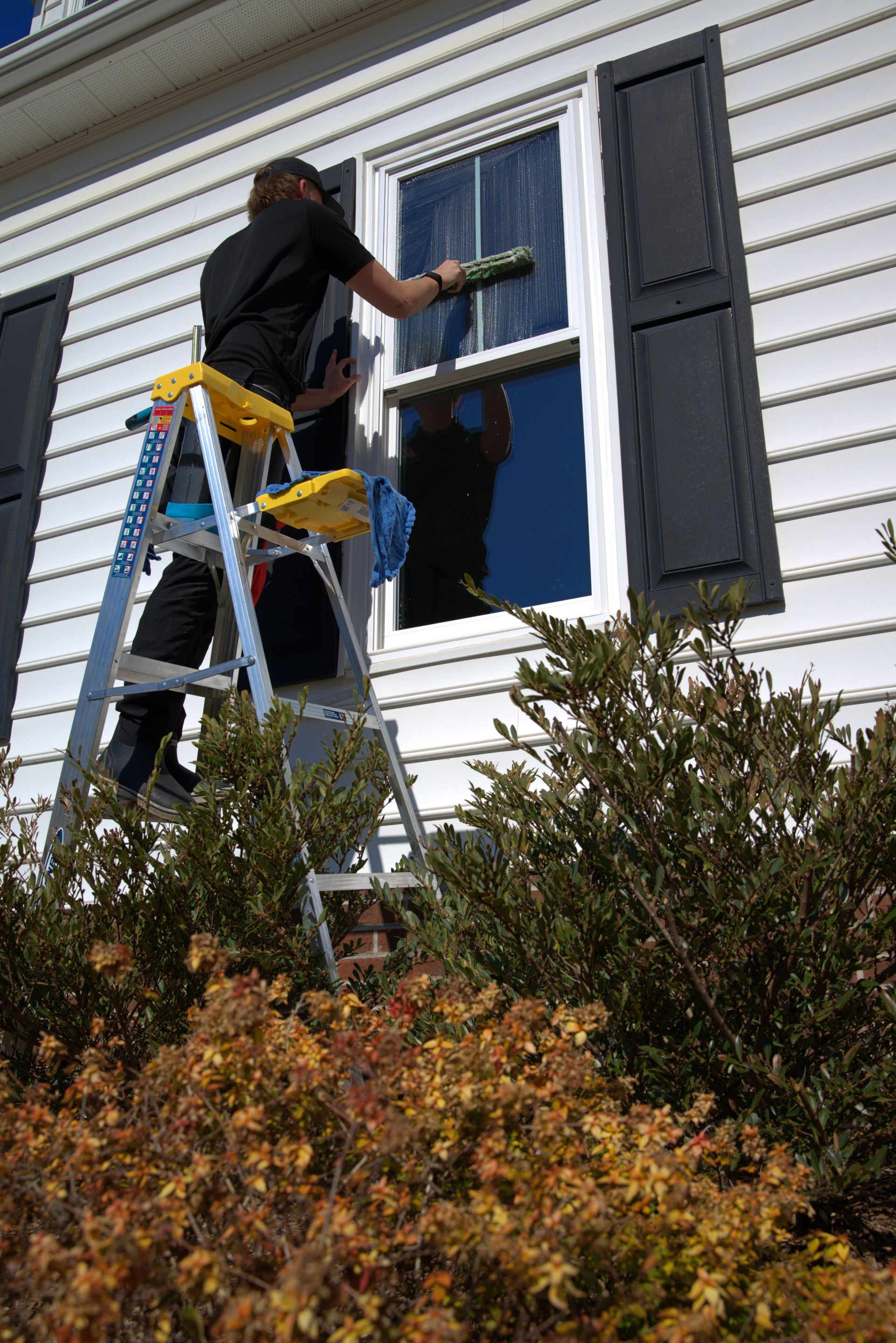 Person wearing a pink glove, cleaning a window with a pink cloth.