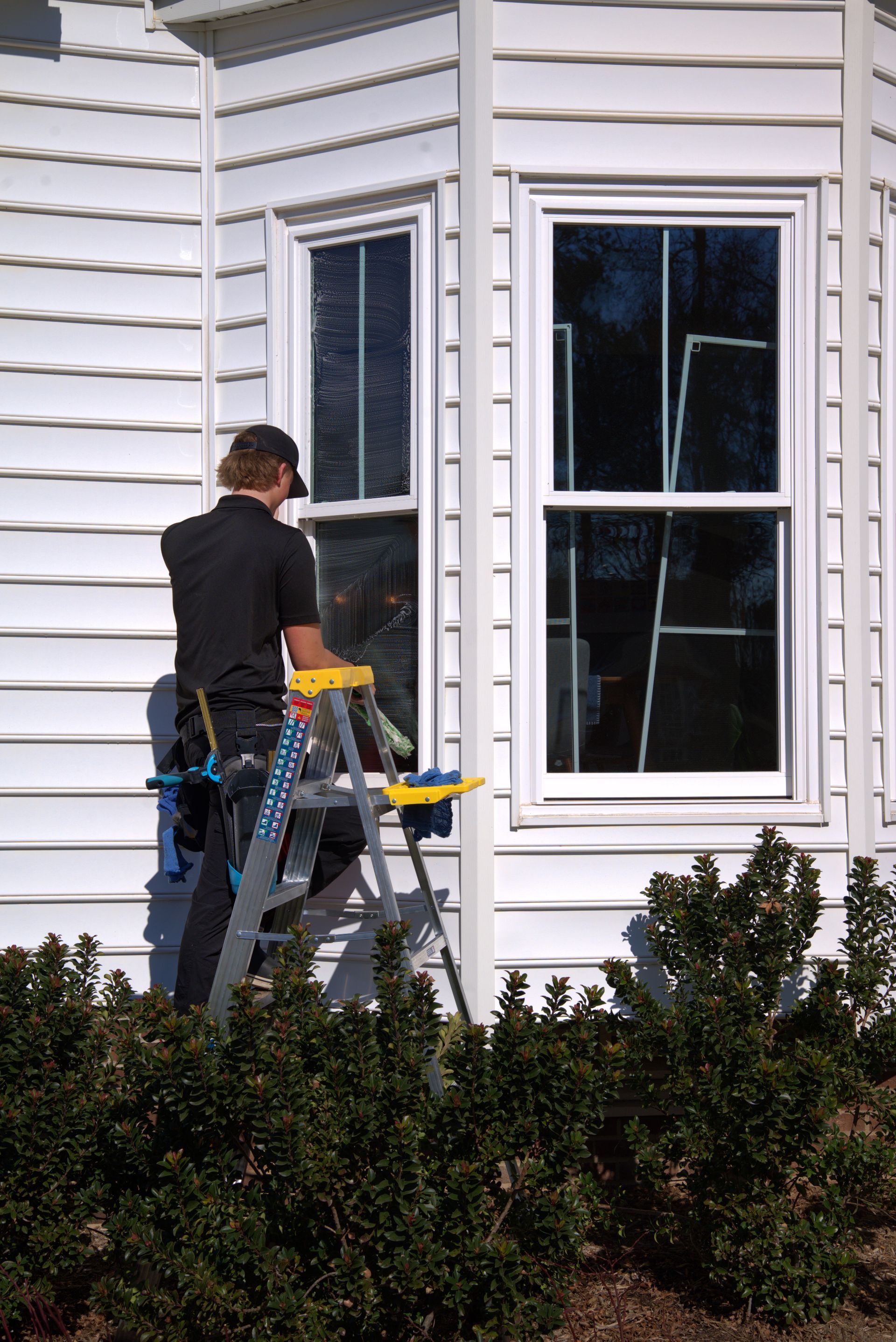 Window cleaner on a ladder washing windows on a white house.