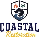 Coastal Restoration logo with shield, house, water, flame, and snowflake icons in navy, orange, and green