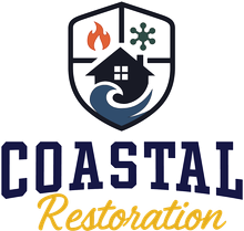 Coastal Restoration logo with shield, house, water, flame, and snowflake icons in navy, orange, and green