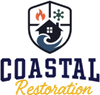 Coastal Restoration logo with shield, house, water, flame, and snowflake icons in navy, orange, and green
