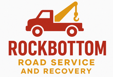 Red tow truck with yellow crane, "Rockbottom Road Service and Recovery" logo.