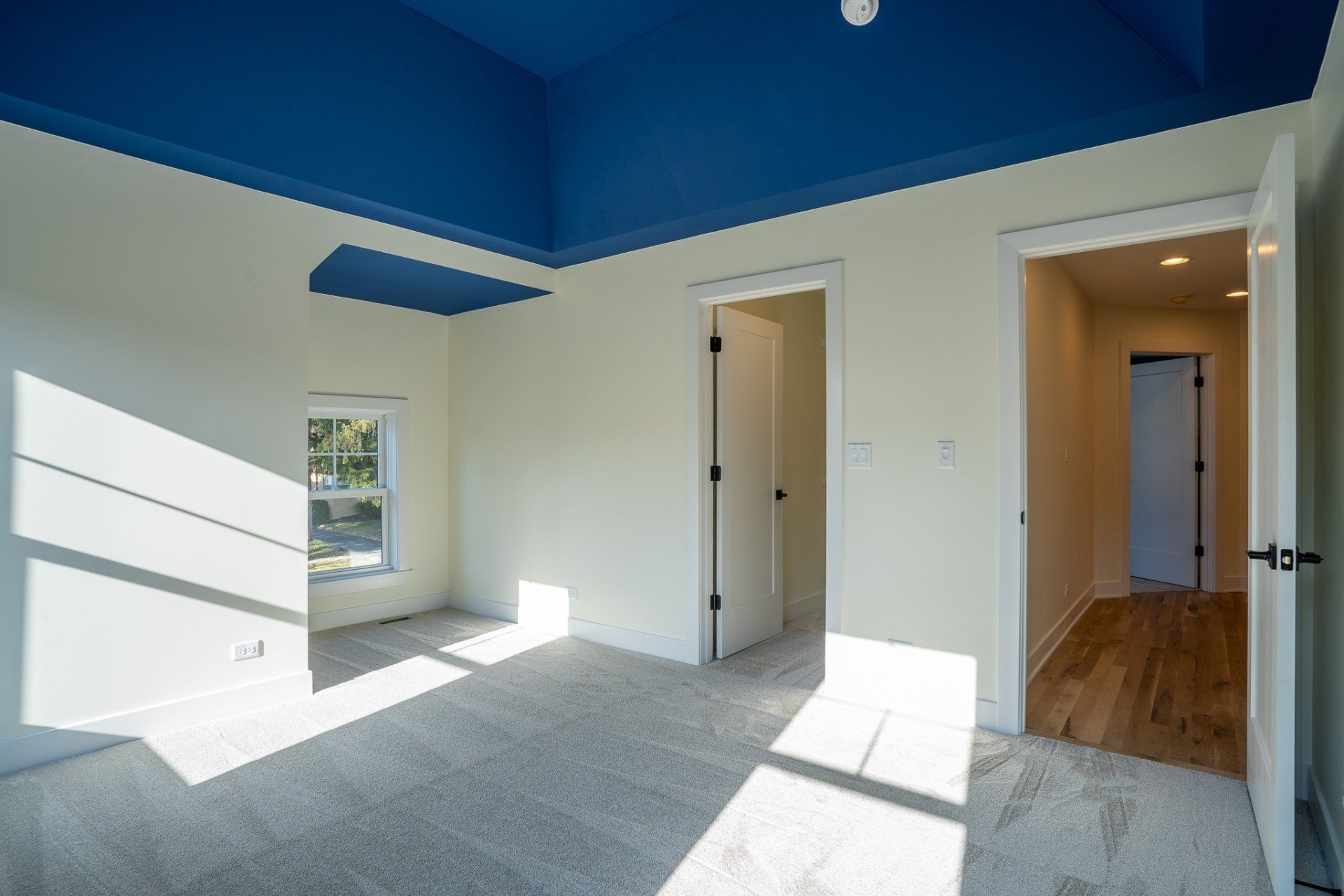 An empty room with a blue ceiling and white walls.