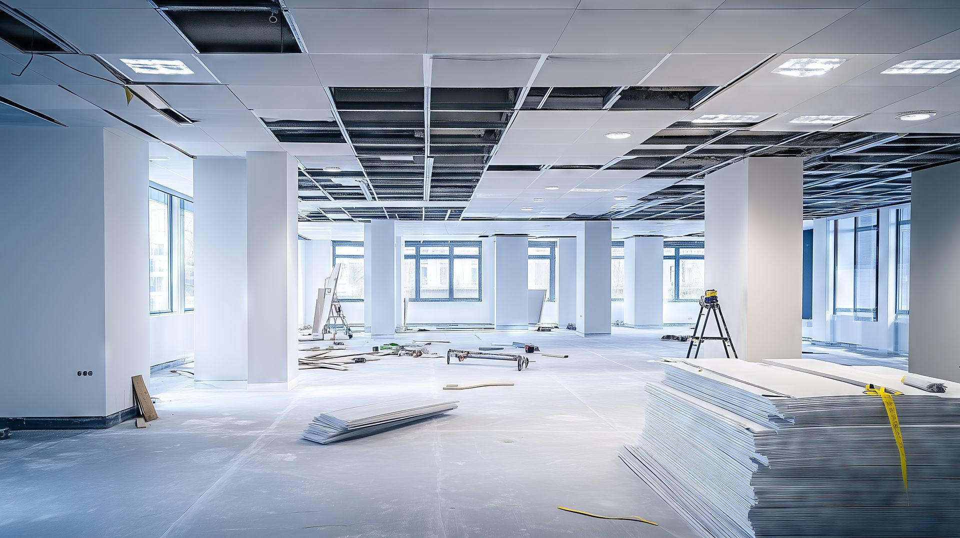 An office under renovation with exposed ceiling grids, white walls, and construction materials on the floor.