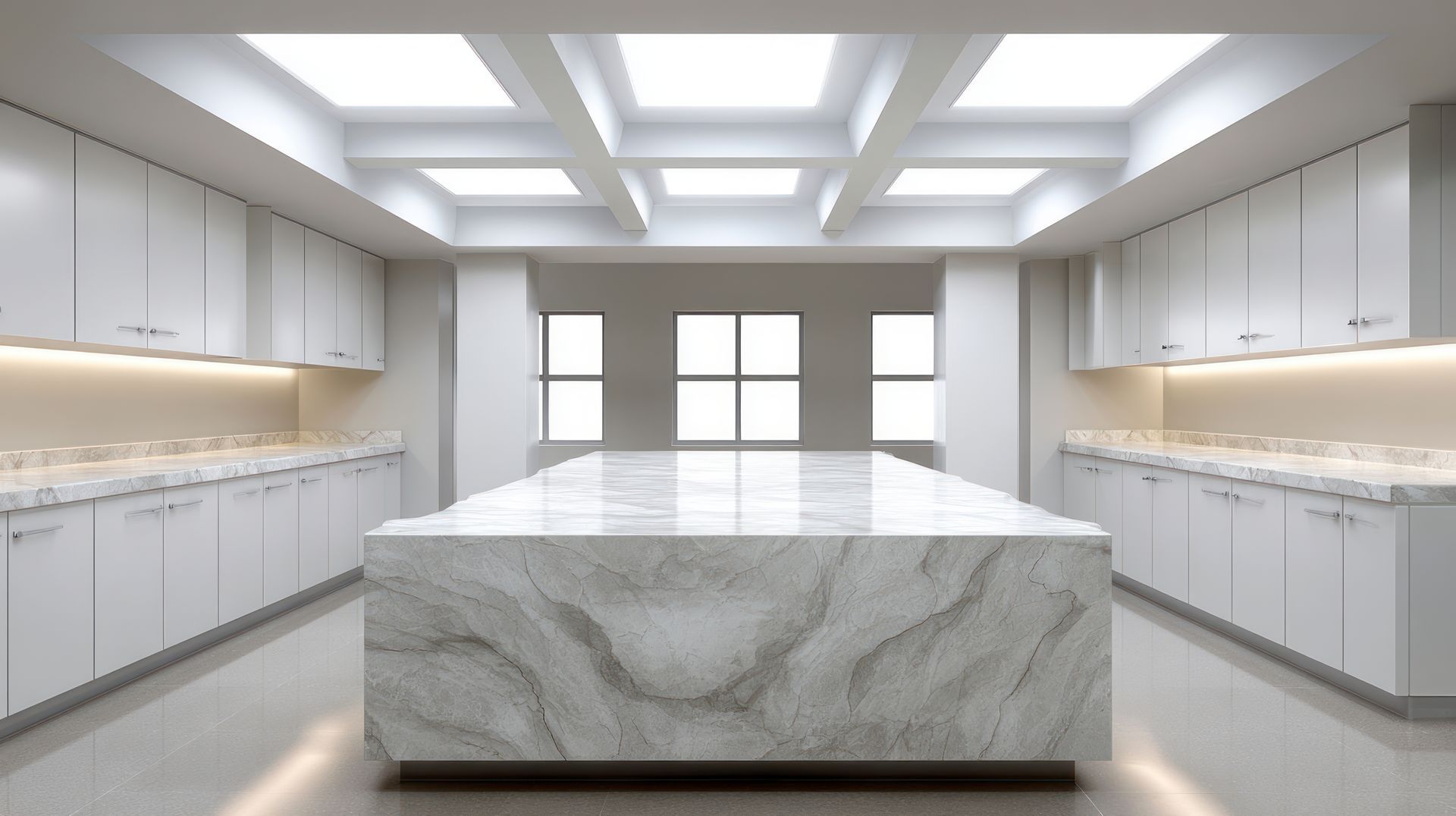 Modern white kitchen with a large marble island, minimalist cabinetry, under-cabinet lighting, and a coffered ceiling.