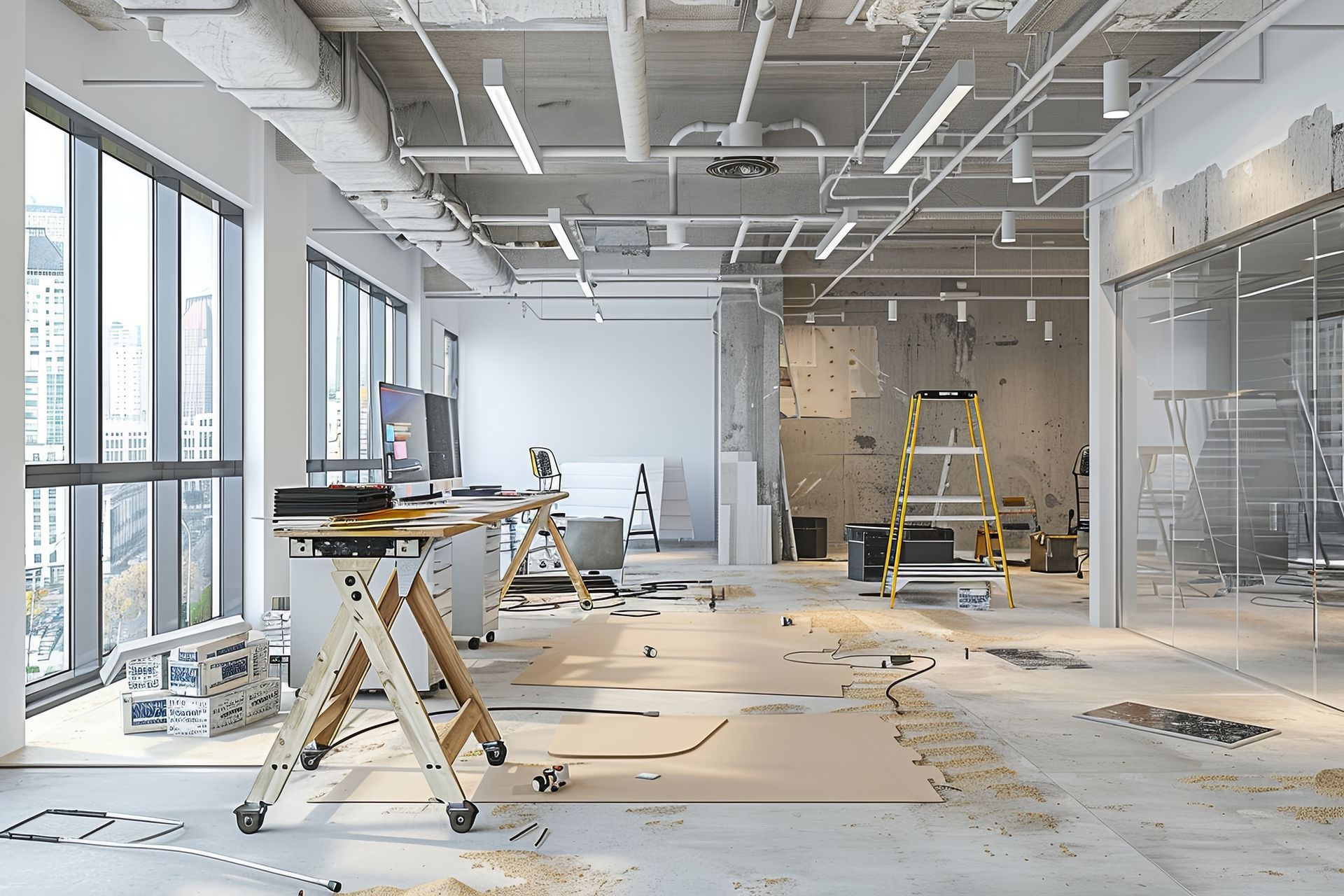 An office space under construction with exposed ceilings, floor protection, a wooden workbench, and a yellow stepladder.