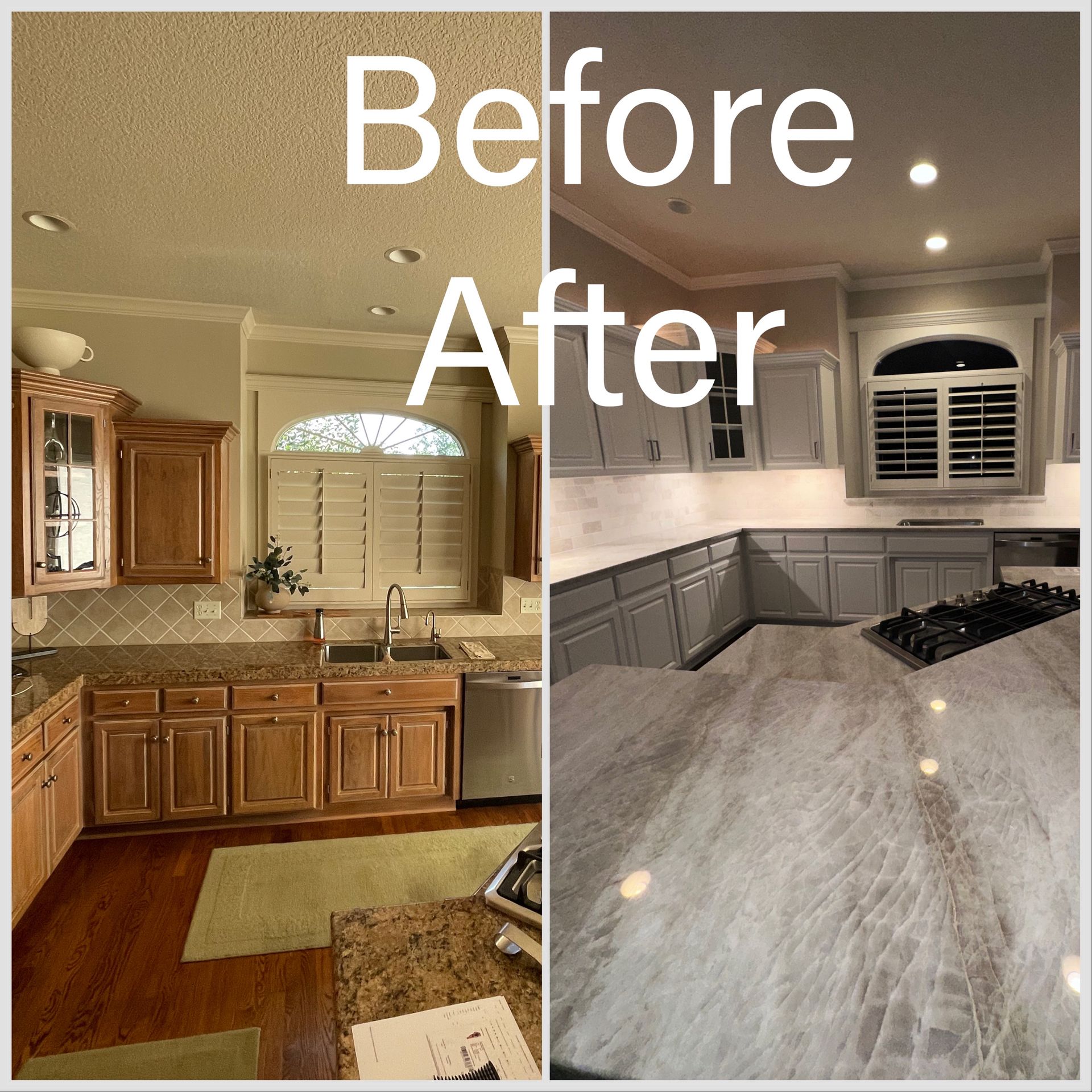 Split image showing a kitchen before and after remodeling, featuring new grey cabinets and marble-patterned countertops.
