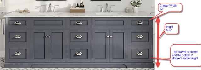 A dark gray double vanity with cabinets and drawers, including overlay text specifying dimensions and drawer heights.