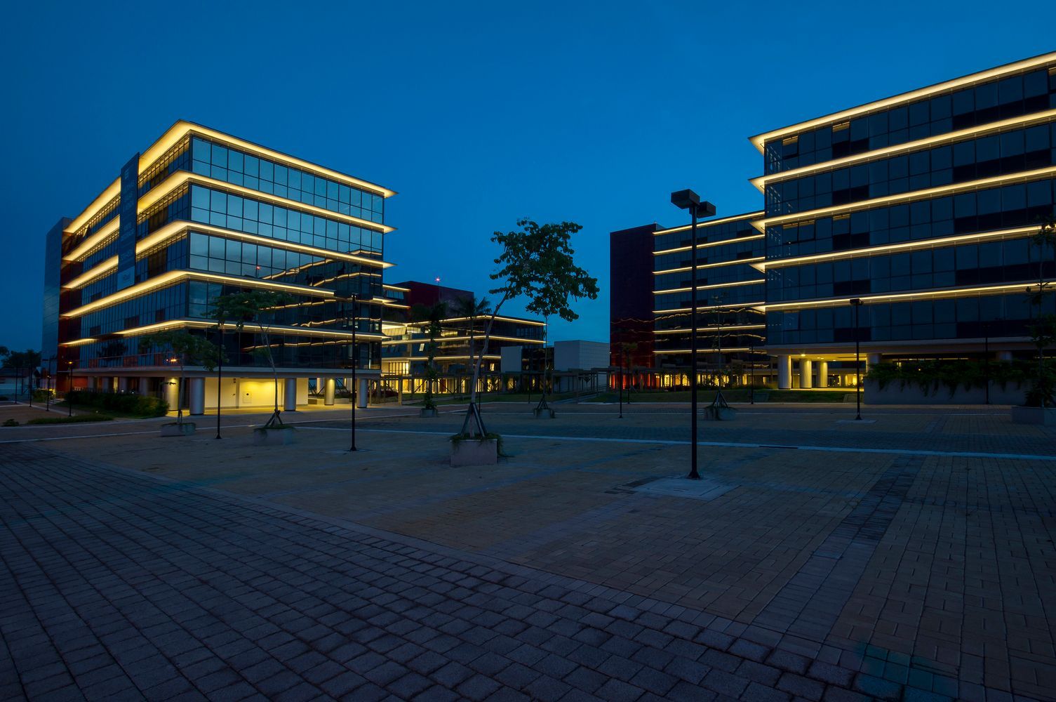 Uma fileira de prédios iluminados à noite