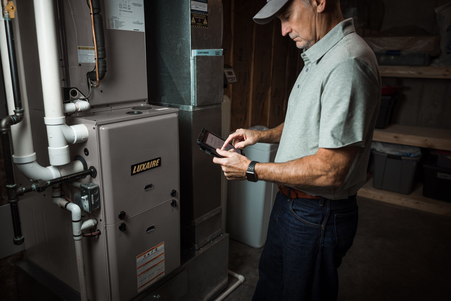 Internal view of a wall-mounted gas water heater with metal piping, a heat exchanger, and a control panel.