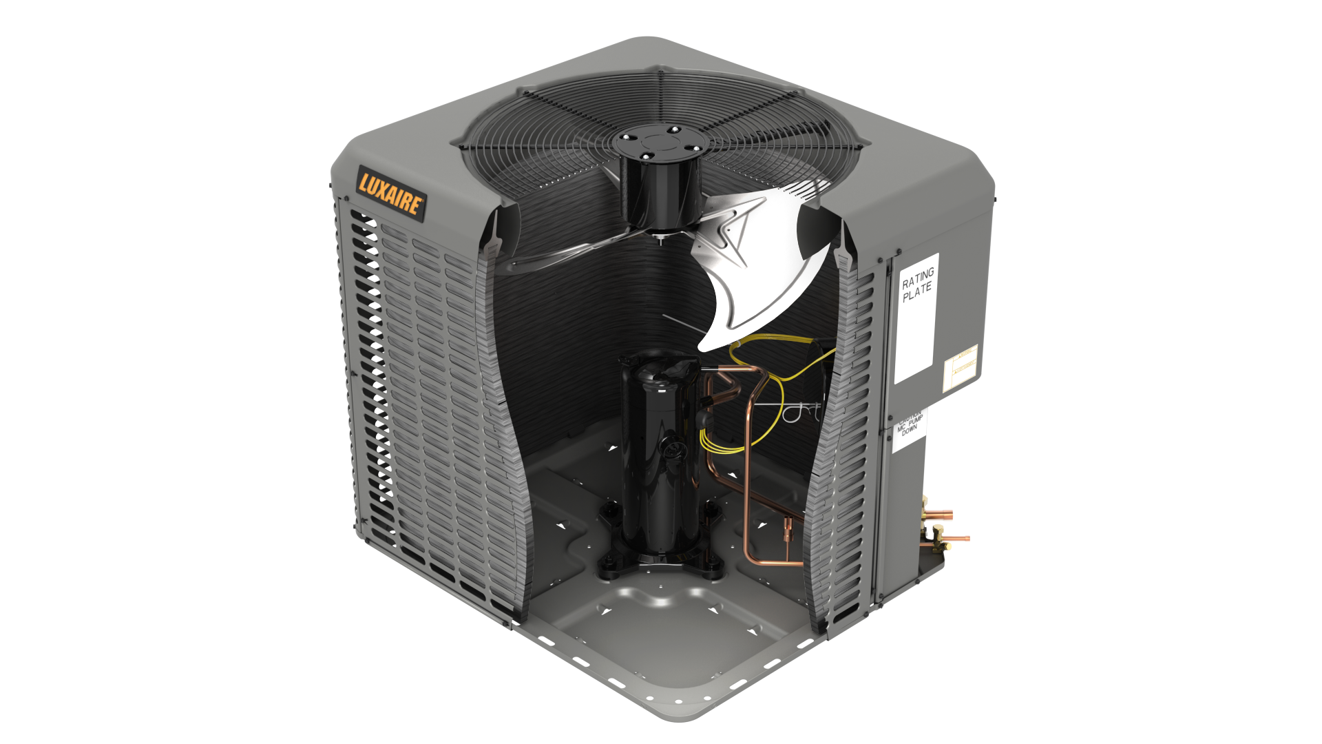 Three gray rectangular HVAC condenser units sitting on a concrete pad outdoors in front of a green bush.