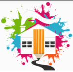 A white house graphic with a large pencil as the front door, set against a colorful, multi-colored paint splatter background.