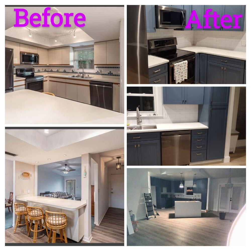 Before and after photos of a kitchen remodel, showing a change from light-toned cabinets to deep blue cabinets.