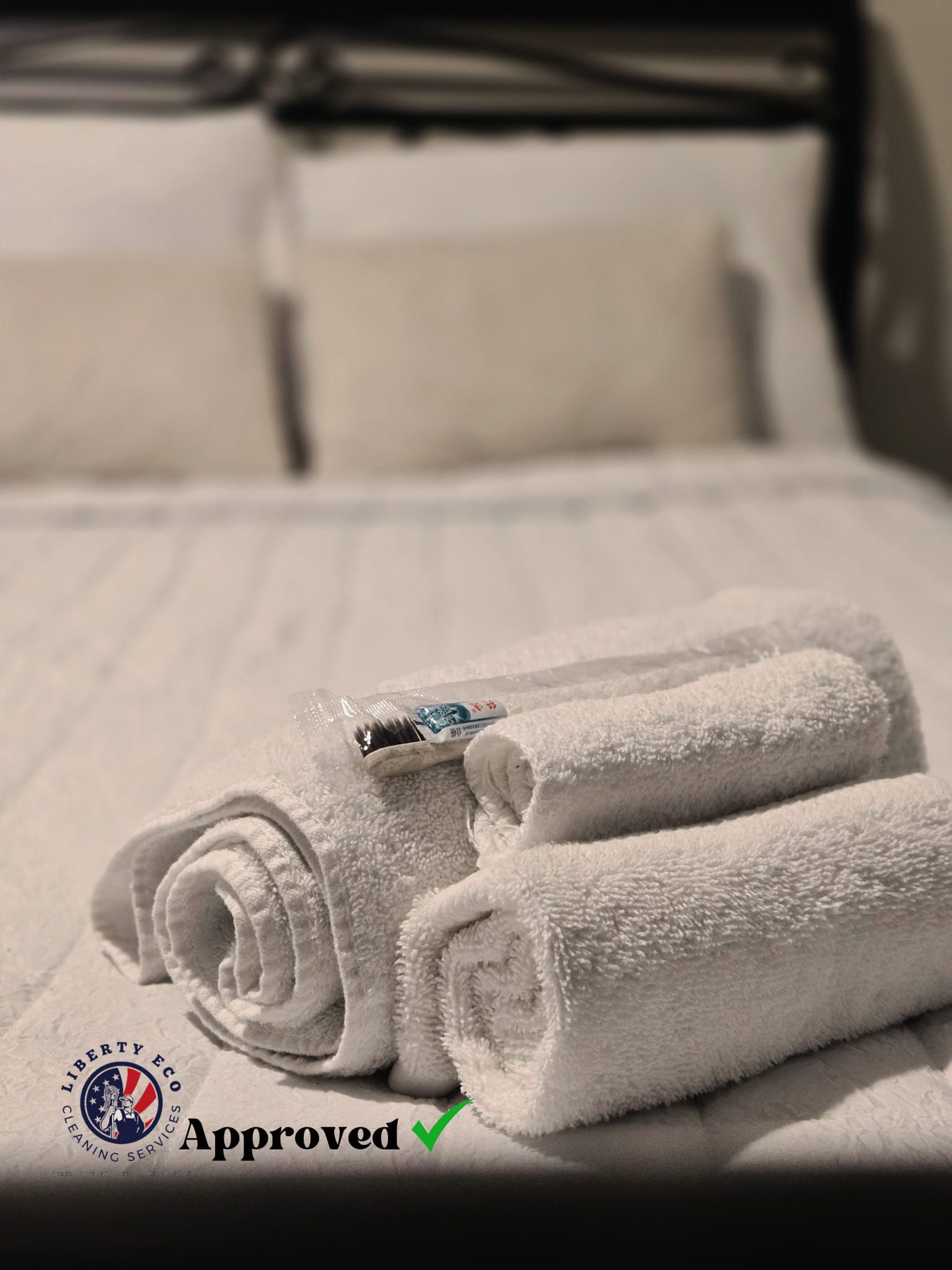 White rolled towels on a bed with pillows. Approved stamp in the corner.