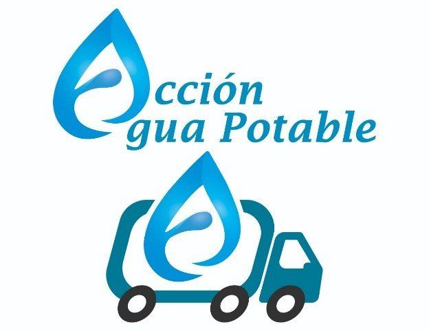 Logotipo para empresa de agua “Acción Agua Potable”: Diseño de gota de agua azul, texto y camión de agua.