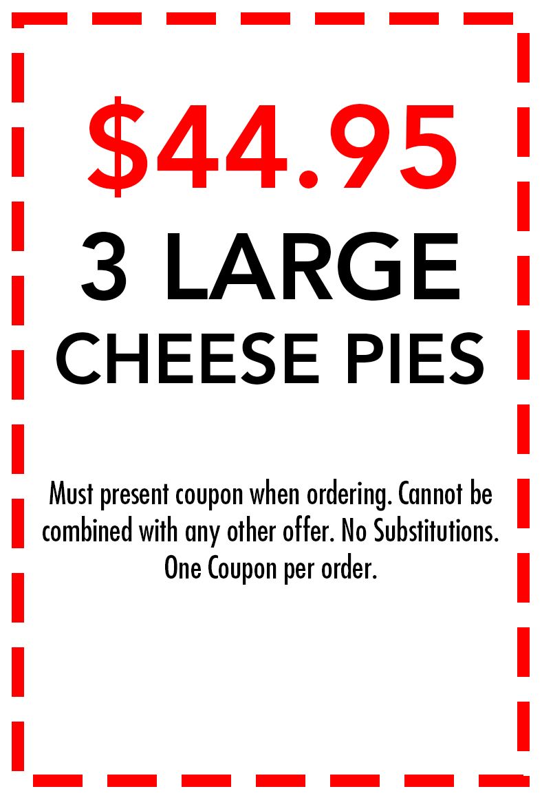 Coupon for 3 large cheese pizzas for $44.95, red text on a white background, red dotted border.