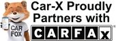 Car-X fox mascot holding a phone, in partnership with Carfax. Black text on white background.