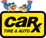 CarX Tire & Auto logo with two cartoon birds. Yellow sign with black text and outline.