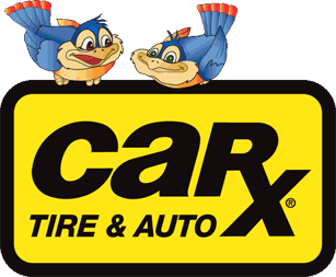 CarX Tire & Auto logo with two cartoon birds. Yellow sign with black text and outline.