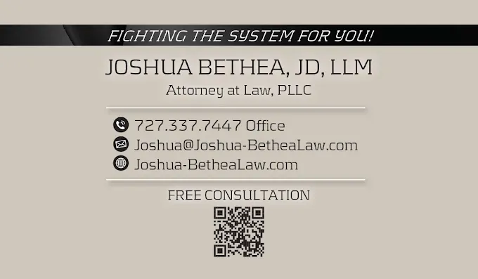 Business card for Joshua Bethea, JD, LLM, listing office phone, email, website, and a QR code for a free consultation.