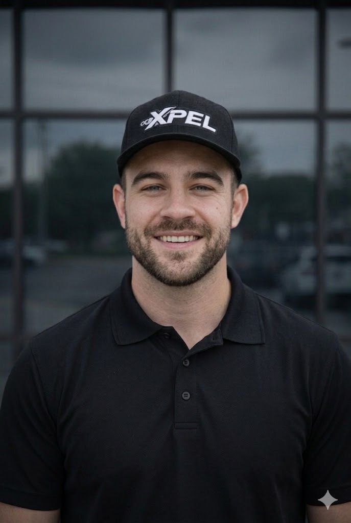 A smiling person wearing a black polo shirt and a black cap with the white XPEL logo, posed before a dark grid-pane window.
