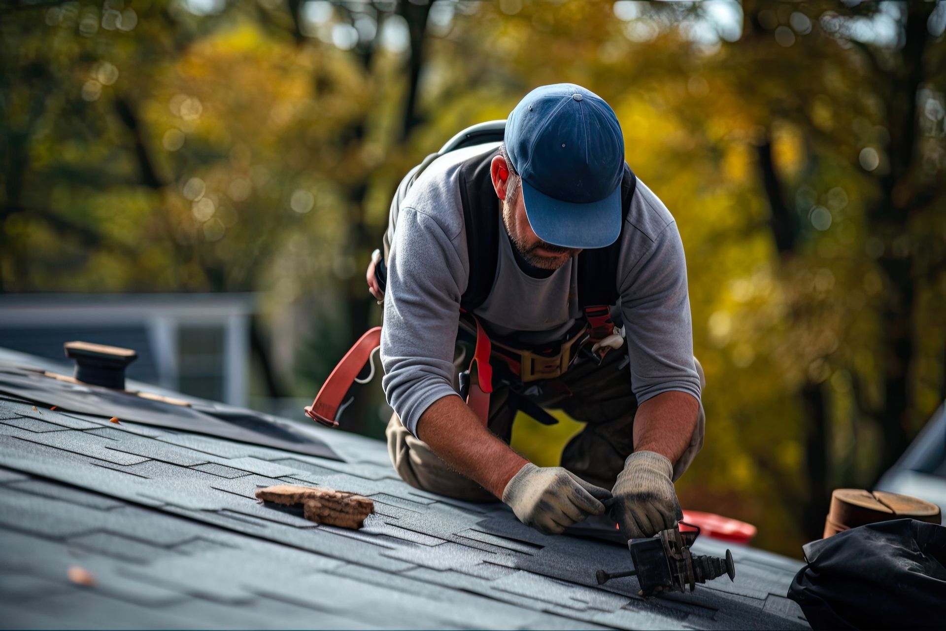 A man is working on a roof with a hammer and nails.
