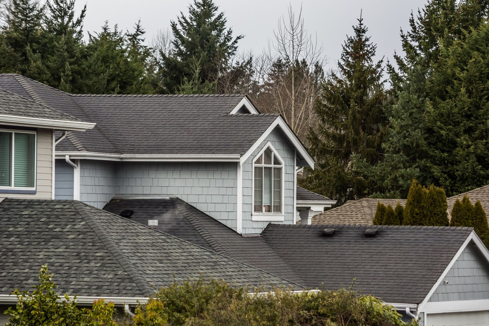 A house with a lot of roofs and trees in the background.