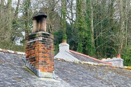 A chimney on top of a roof with trees in the background.