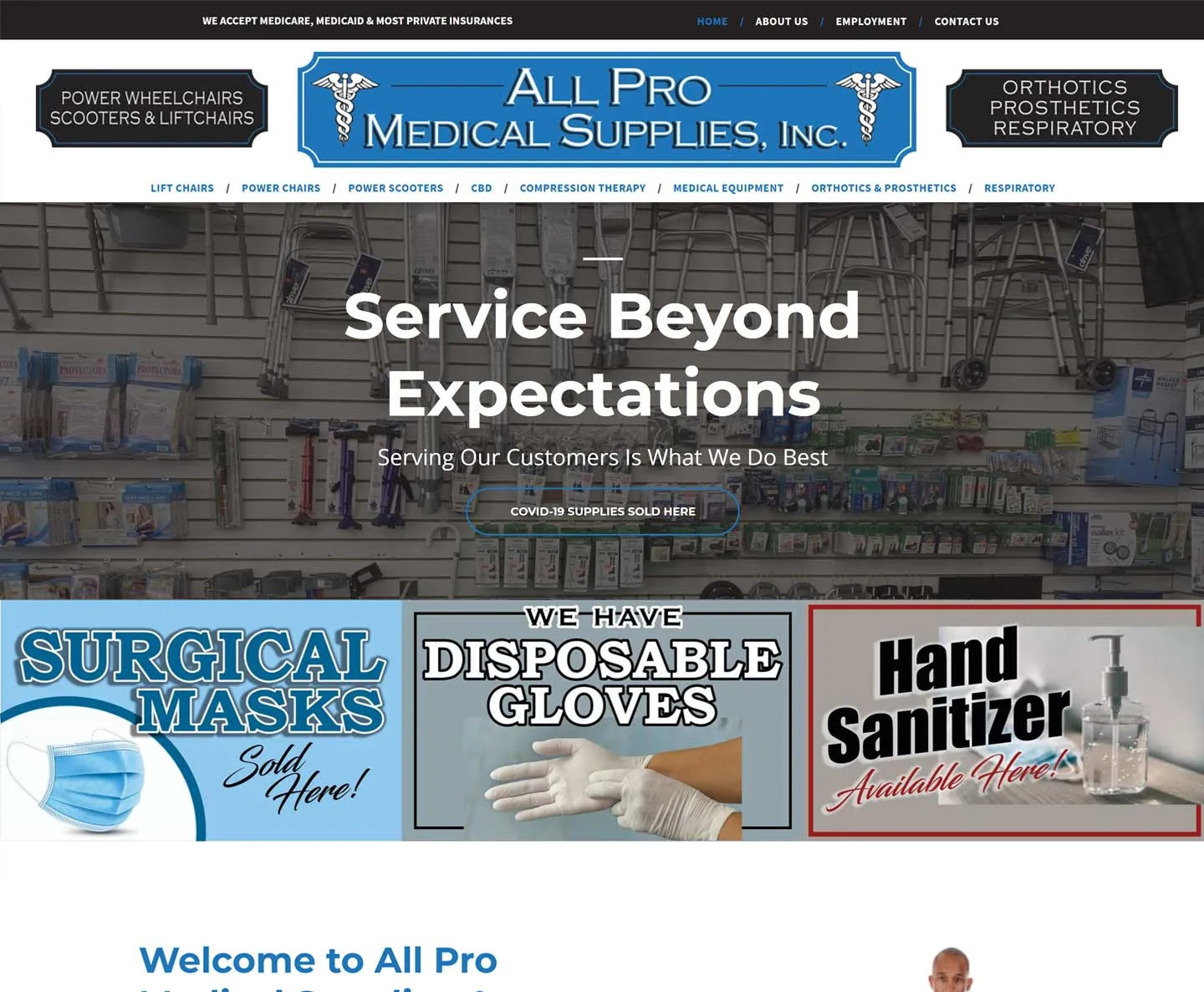 A screenshot of the website for all pro medical supplies inc.