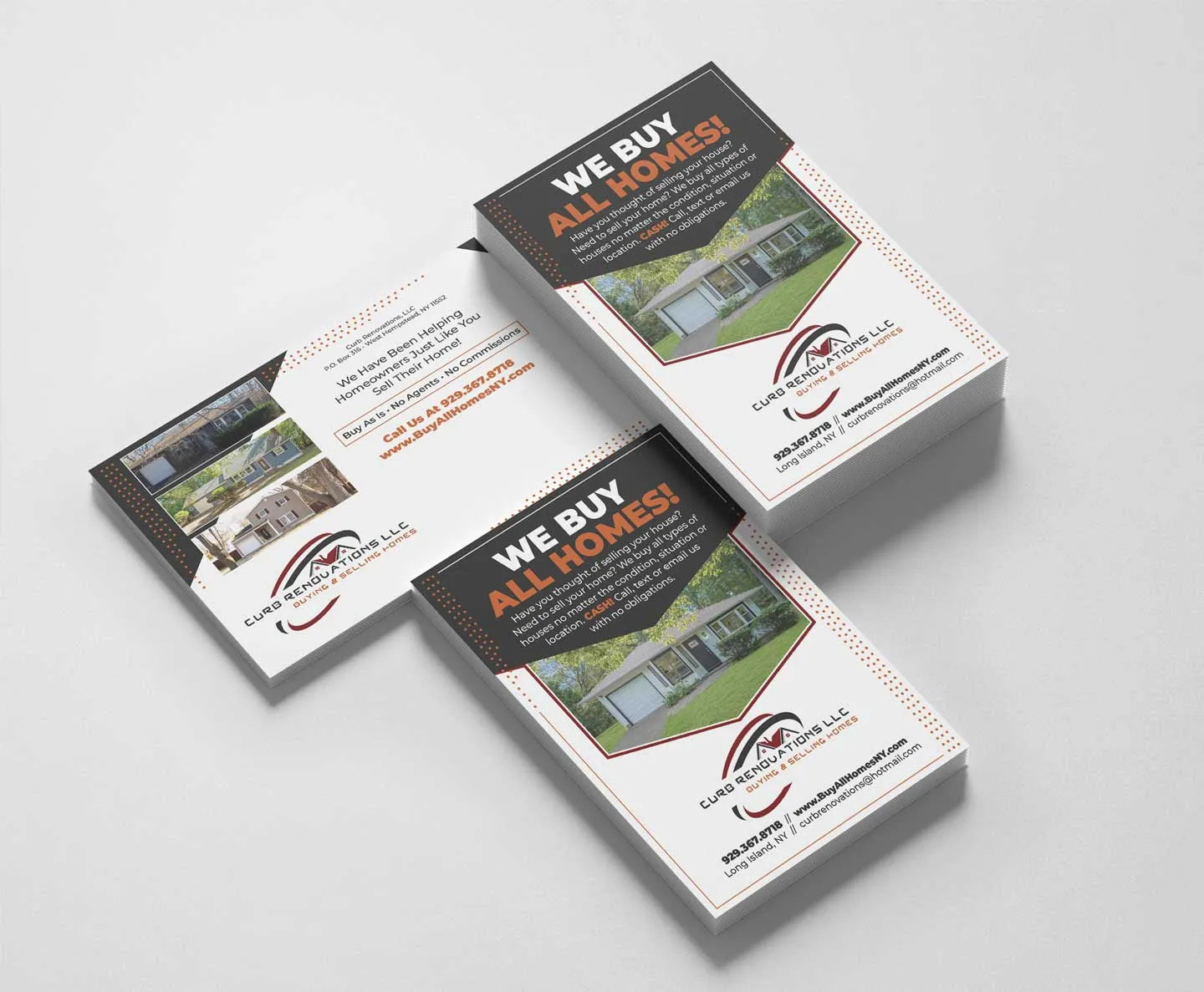 A stack of business cards that say `` we buy all homes ''.