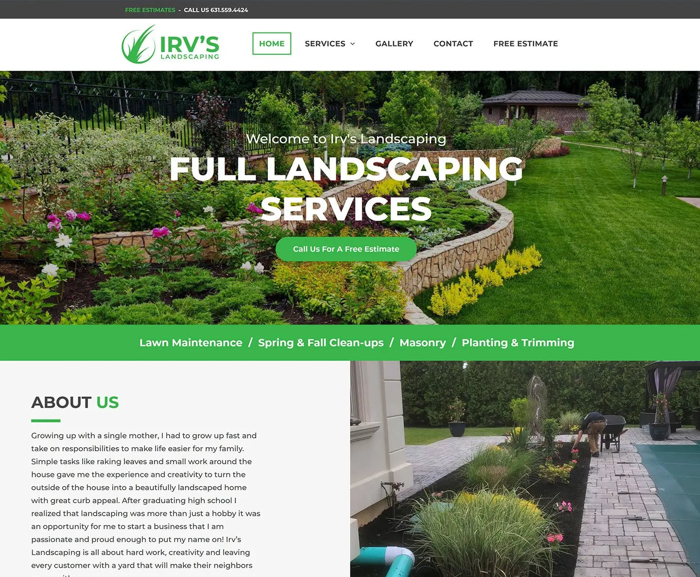 A screenshot of a website for full landscaping services.