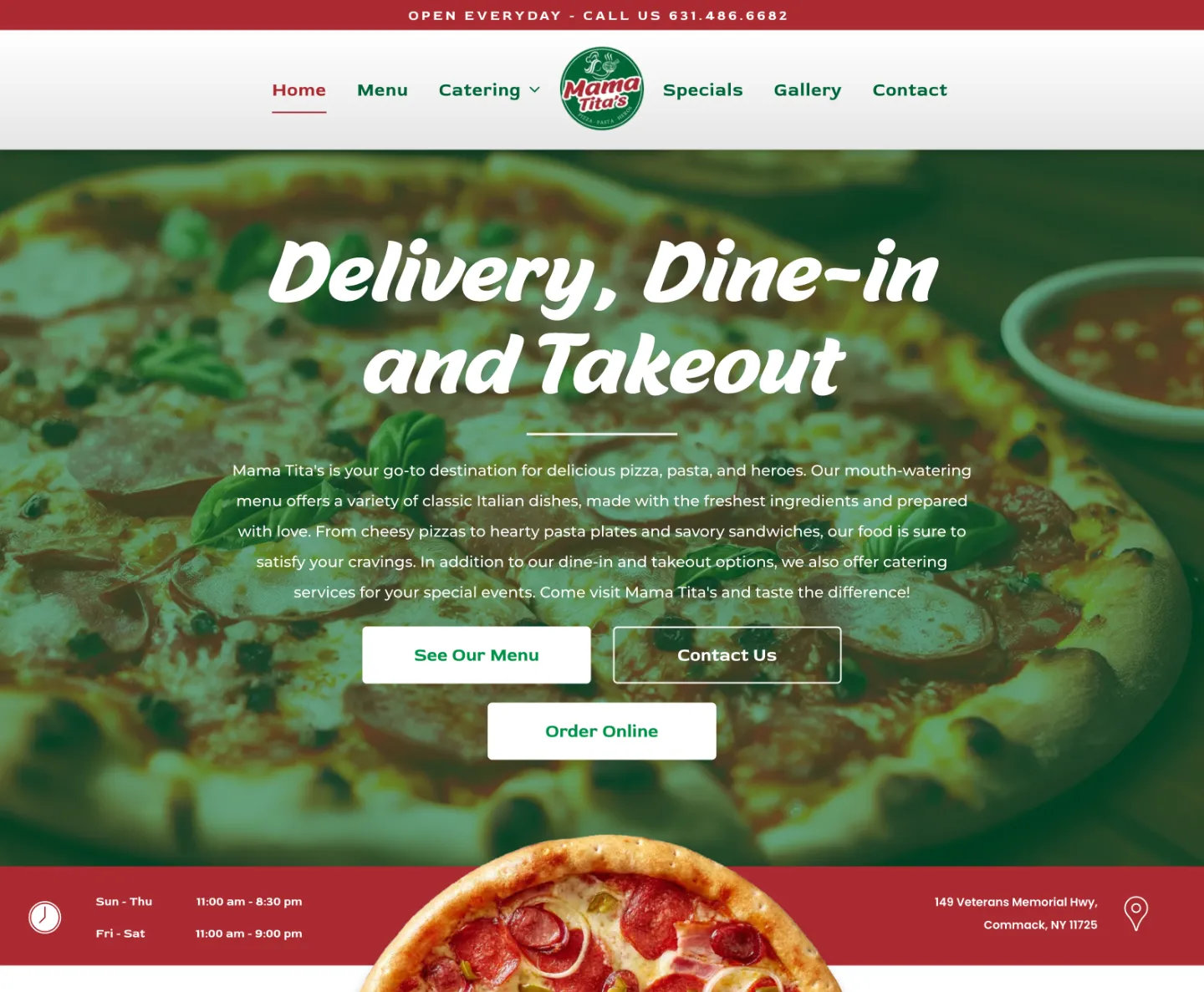 A screenshot of a website for a pizza restaurant offering delivery , dine-in and takeout.