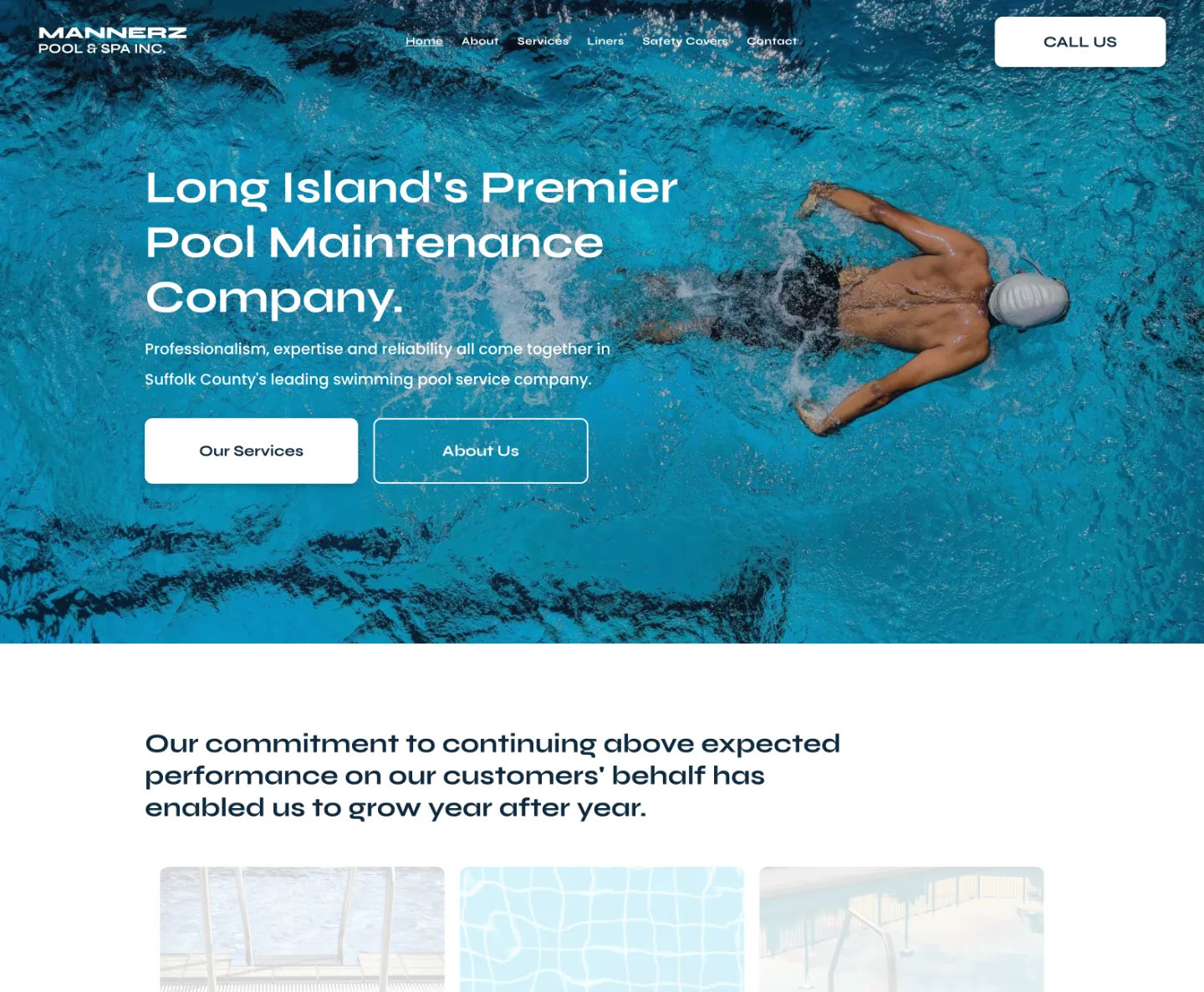 A man is swimming in a pool on the homepage of long island 's premier pool maintenance company.