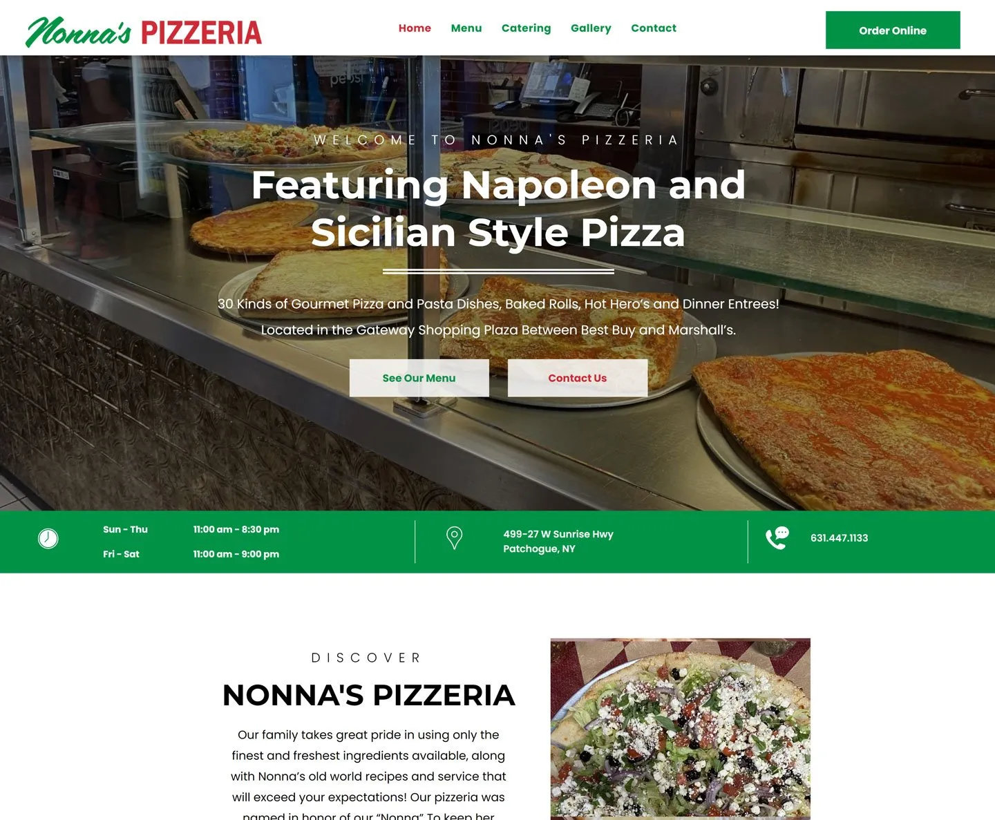 A screenshot of the website for nonna 's pizzeria featuring napoleon and sicilian style pizza.