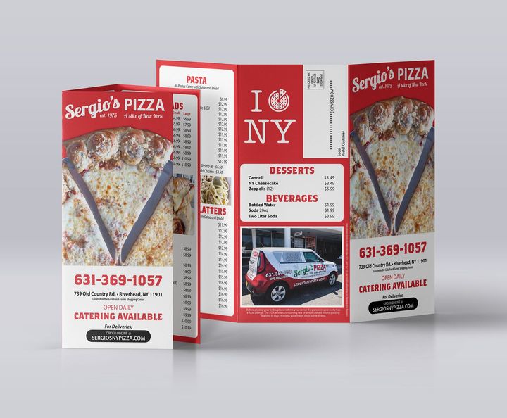 A menu for sergio's pizza in new york