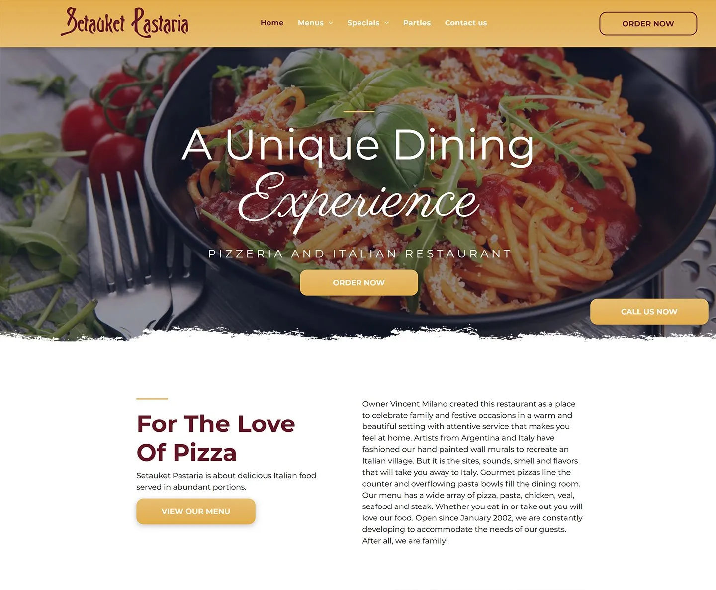 A website for a restaurant called a unique dining experience for the love of pizza.