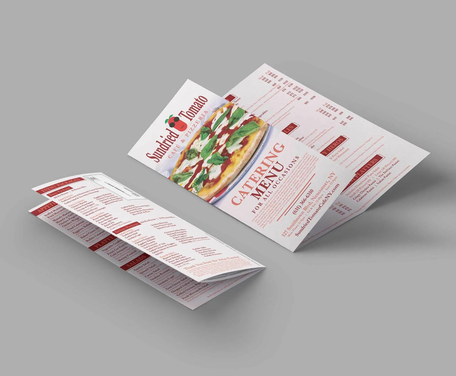 A folded menu for a restaurant with a picture of a pizza on it.