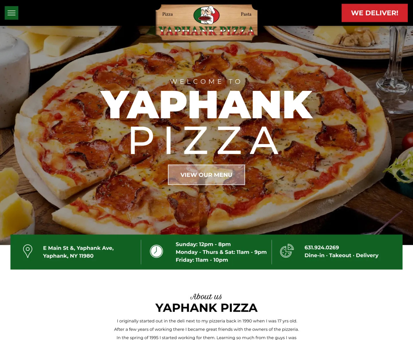 The website for yaphank pizza shows a pizza on a plate.