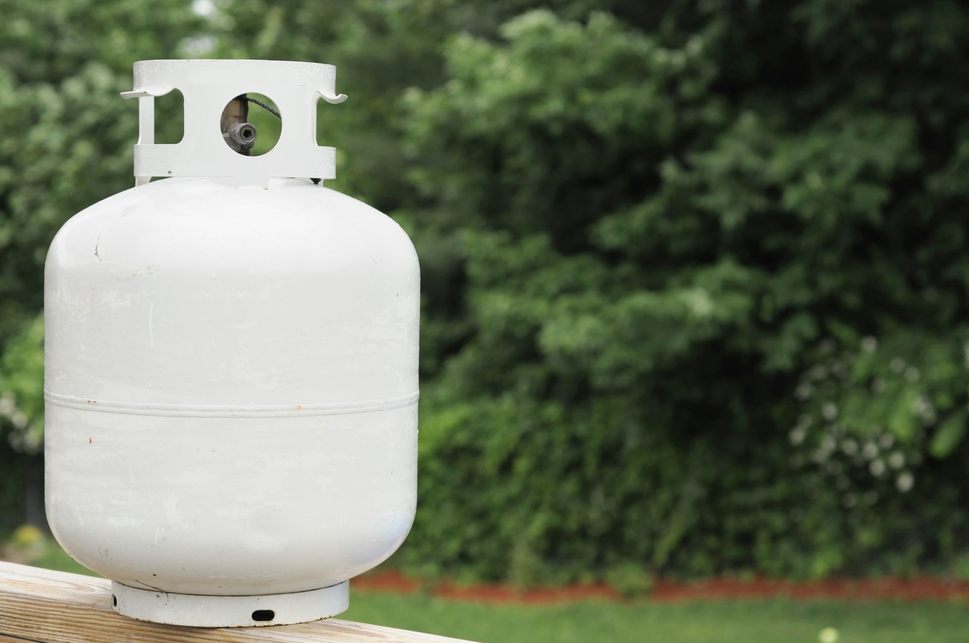 A white propane tank on a wood surface with a green foliage background in an outdoor setting