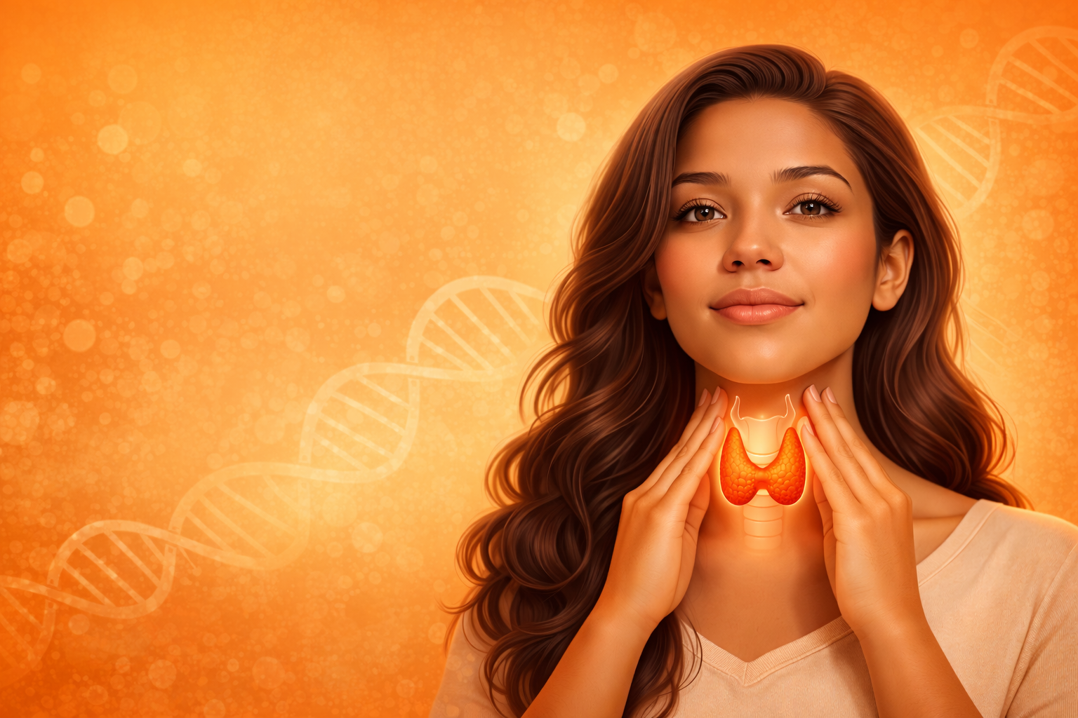 Woman with hands on neck, thyroid gland highlighted. Orange background with DNA strands.