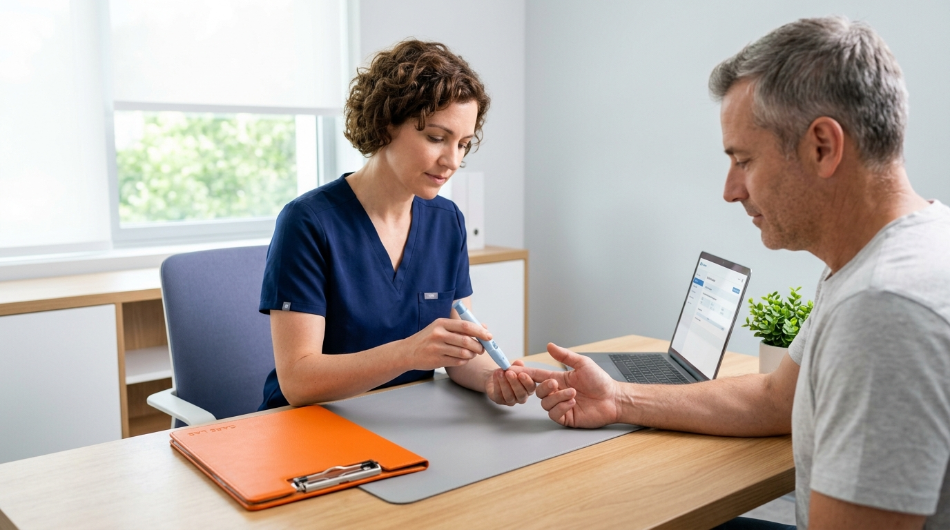 A healthcare professional demonstrates how to use an insulin pen to a patient at a desk in a clinical office setting.