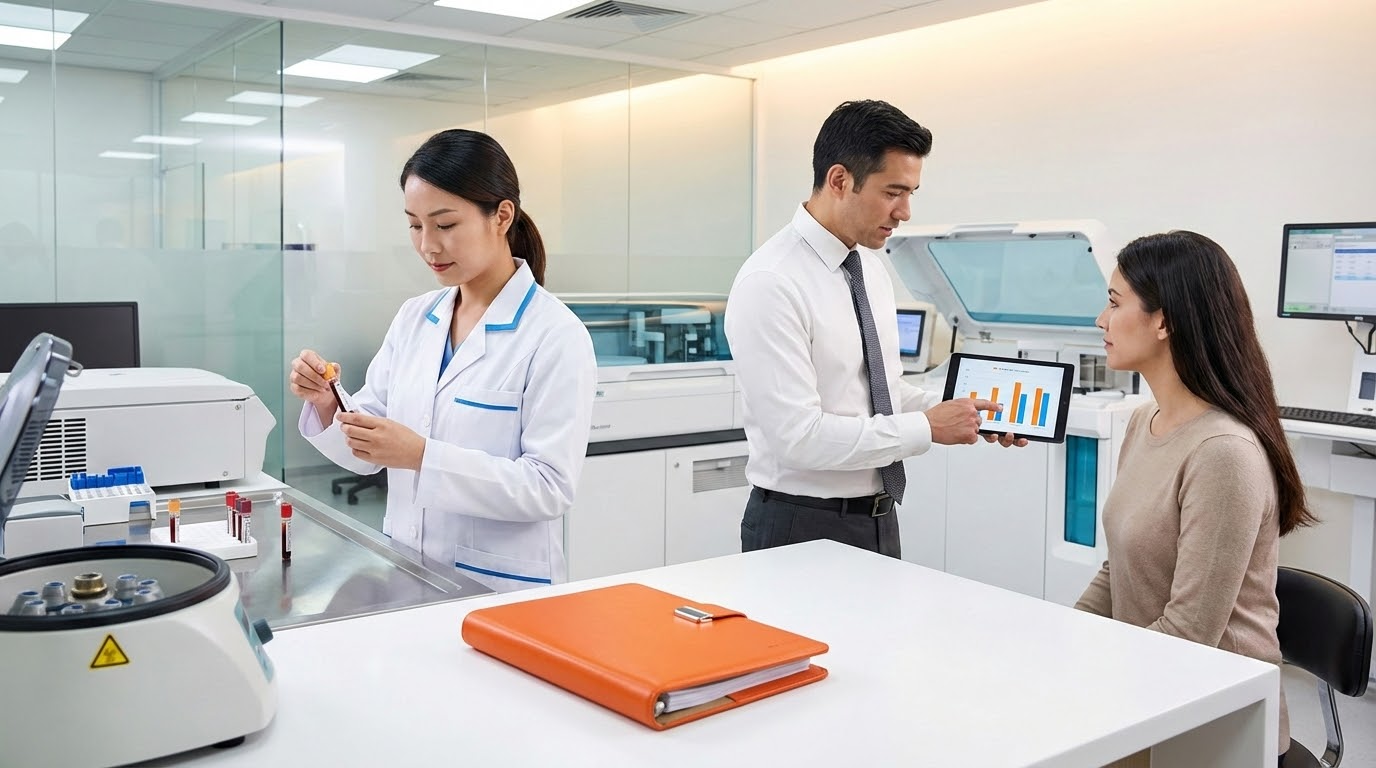 Lab worker, doctor, and patient in a lab; doctor shows tablet. Lab worker holds a vial, a centrifuge sits nearby.