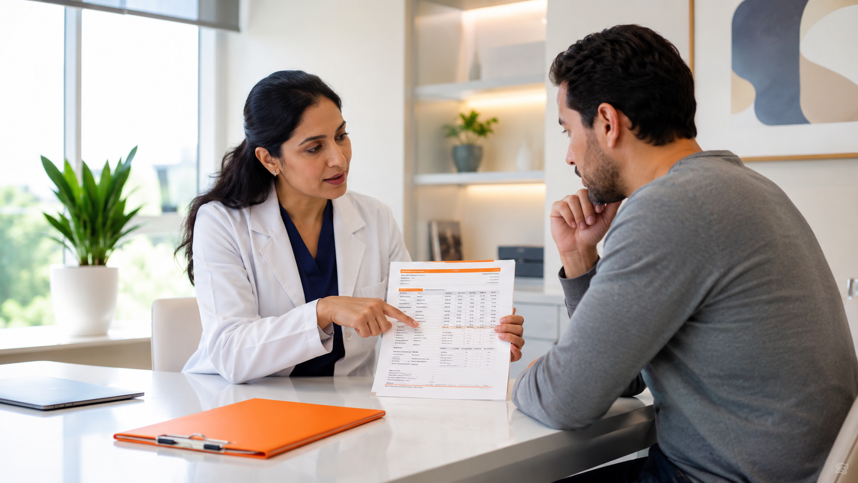 Doctor showing a form to a patient across a desk in a bright clinic office