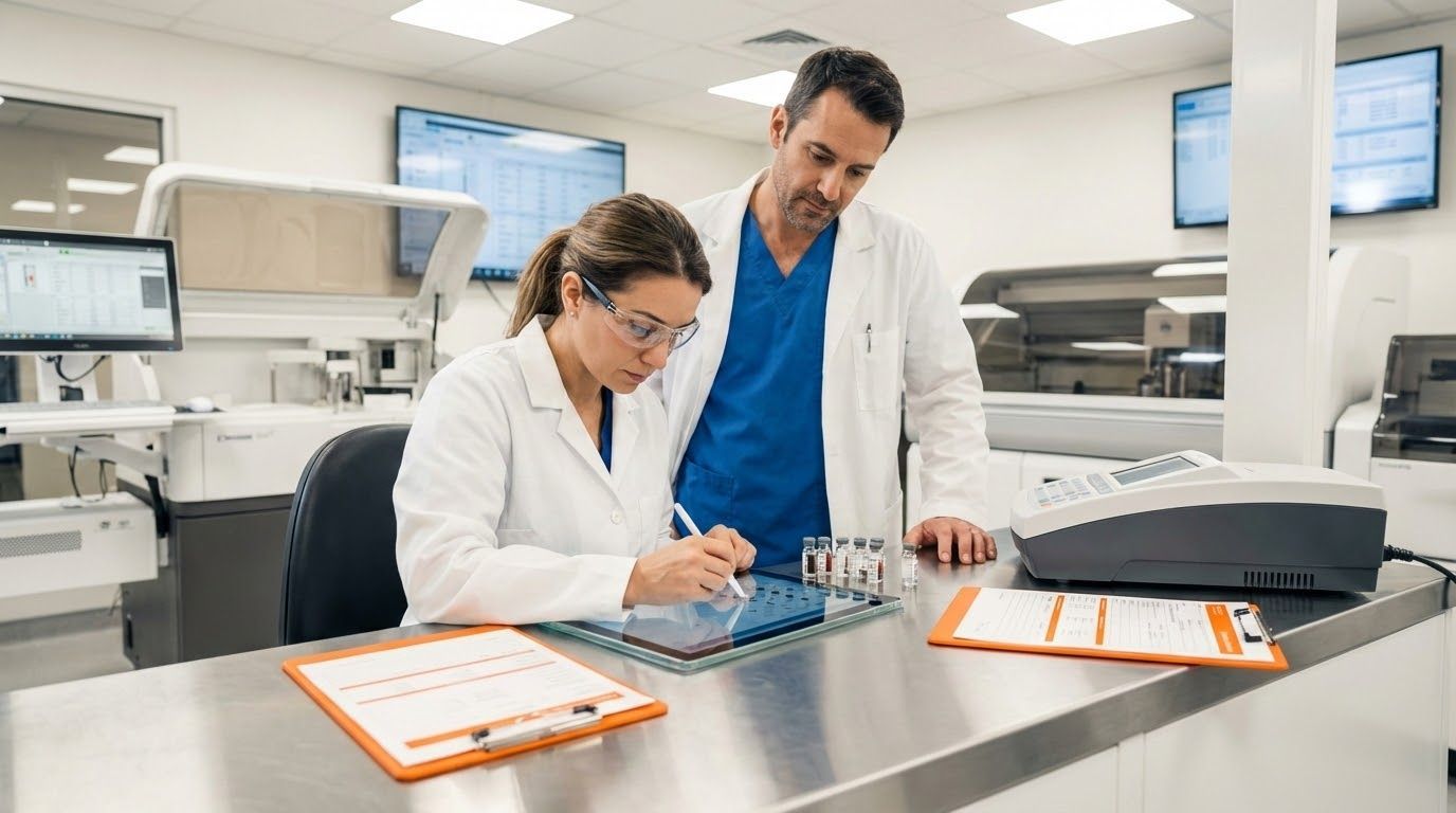 Two lab workers in white coats reviewing data on a tablet in a laboratory setting.