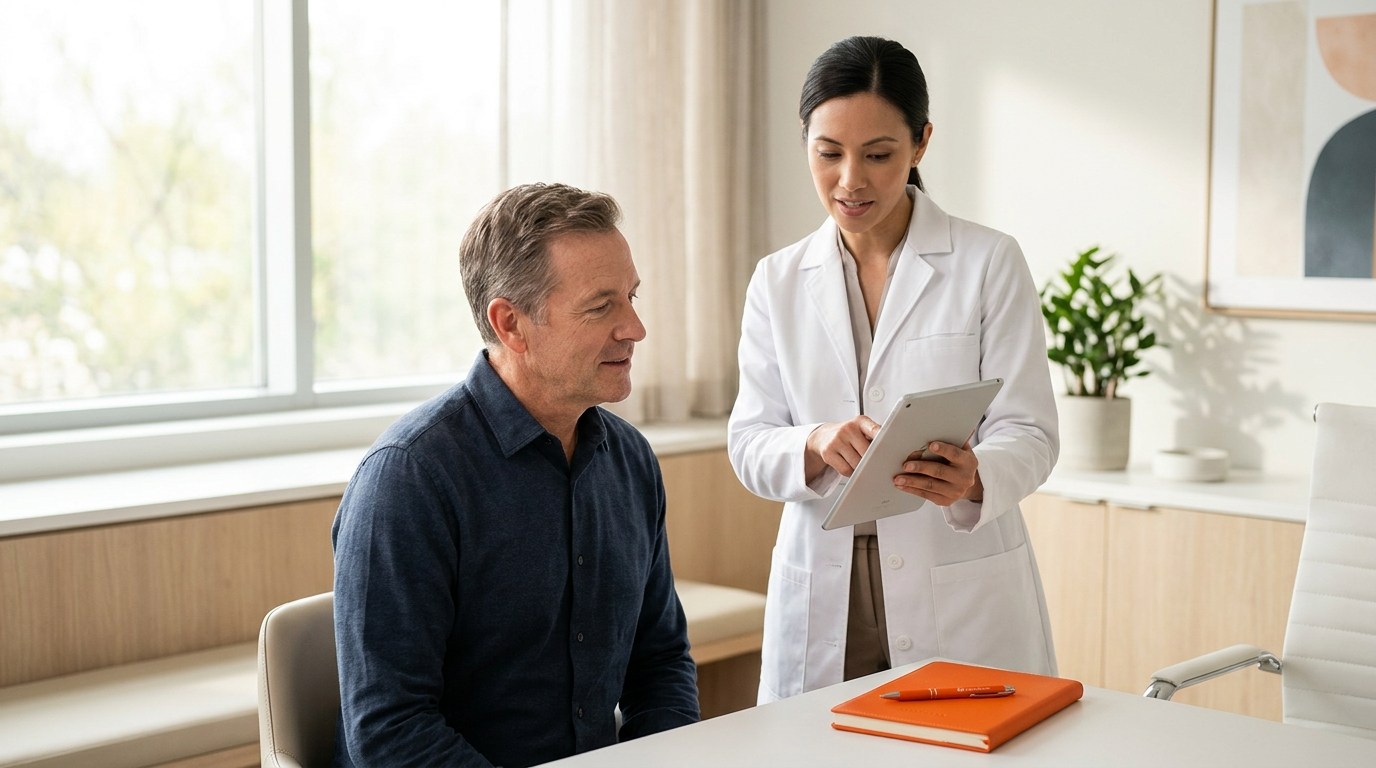 A healthcare provider in a white lab coat uses a tablet to explain information to a patient in a bright medical office.