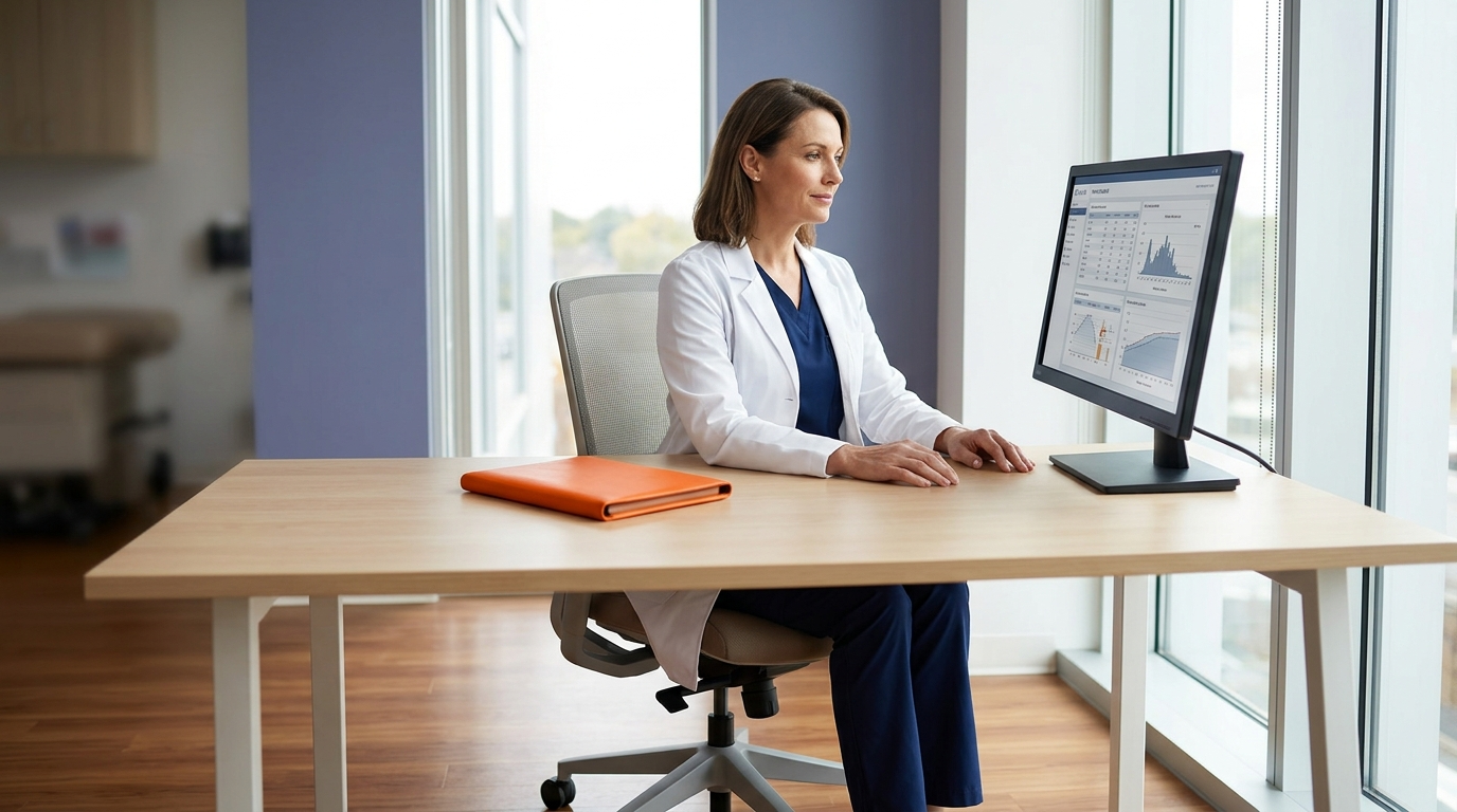Woman working at a desk with a computer monitor in a bright office